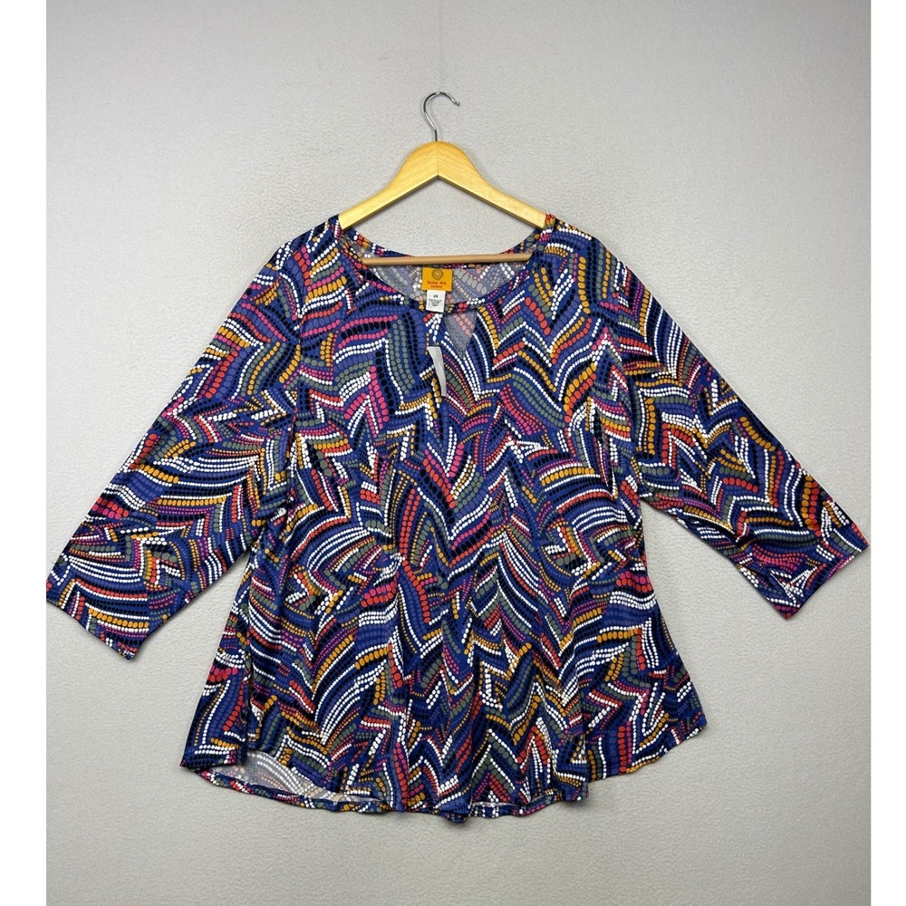 Boho Geometric Ruby Rd. Woman Womens 2X Blue Dotted Zig Split Neck Top Office